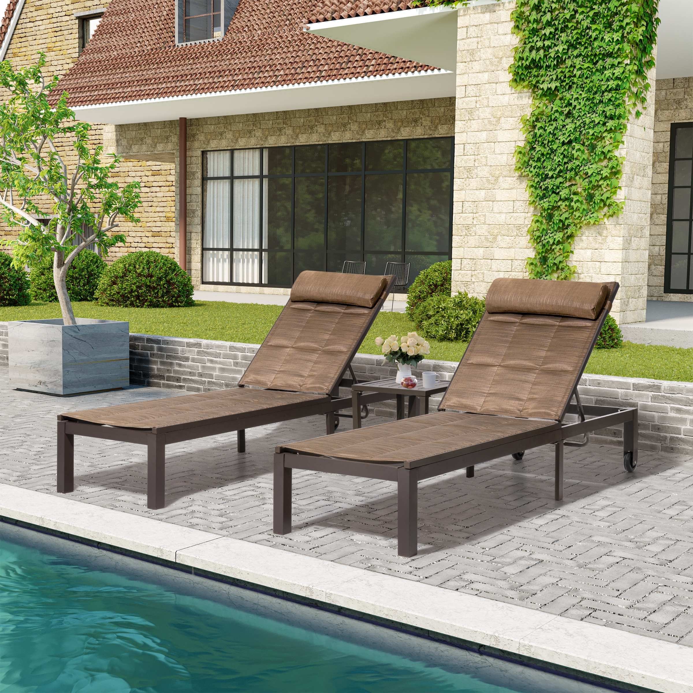 Outdoor Adjustable Quilted Wheeled Chaise Lounge Chairs with Small