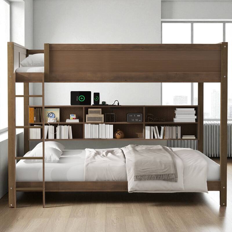 Queen over Queen Bunk Bed with Storage Cabinets, Guardrails and Built-in USB Charging Ports, Solid Wood Frame