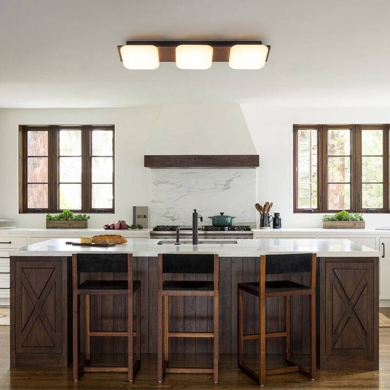 Modern Faux Walnut Wood Grain 3-Light Dimmable LED Flush Mount - 30.7 in
