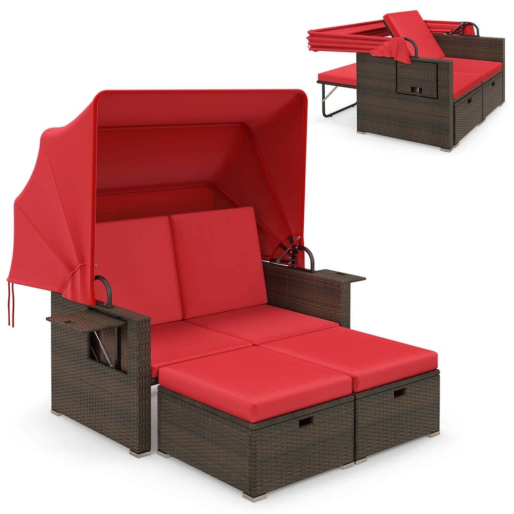 Gymax Rattan Daybed w/ Adjustable Backrests & Retractable Canopy for