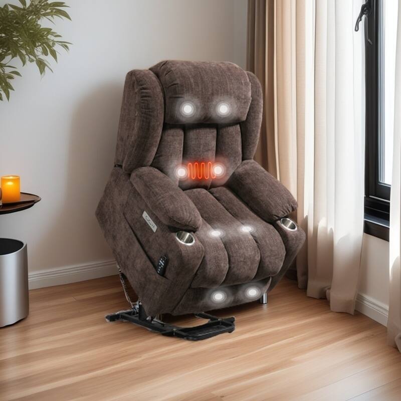 Electric Lift Recliner with Targeted Massage, Lumbar Heating, Dual USB Charging, and Stainless Steel Cup Holders - Brown