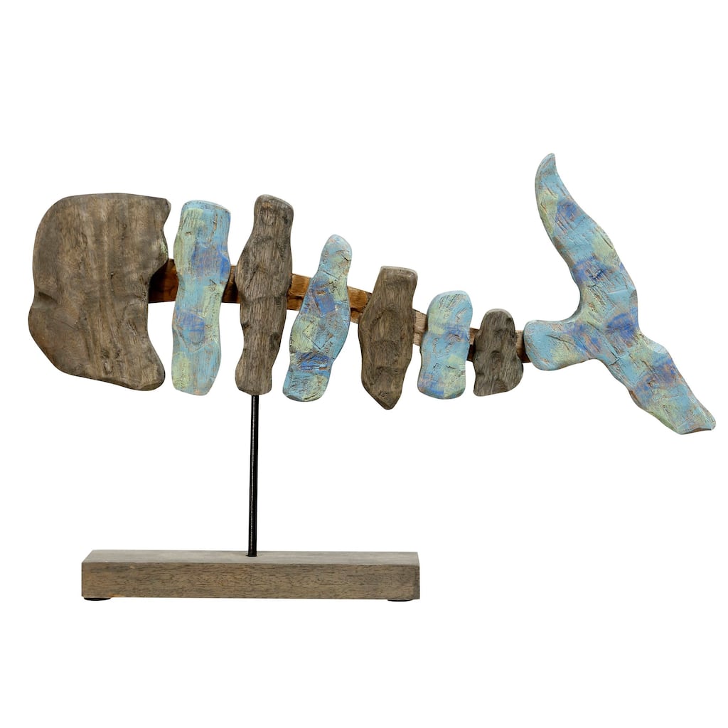 Fish Bone - Short - Hand Colored Natural Wood Fish Sculpture on Stand