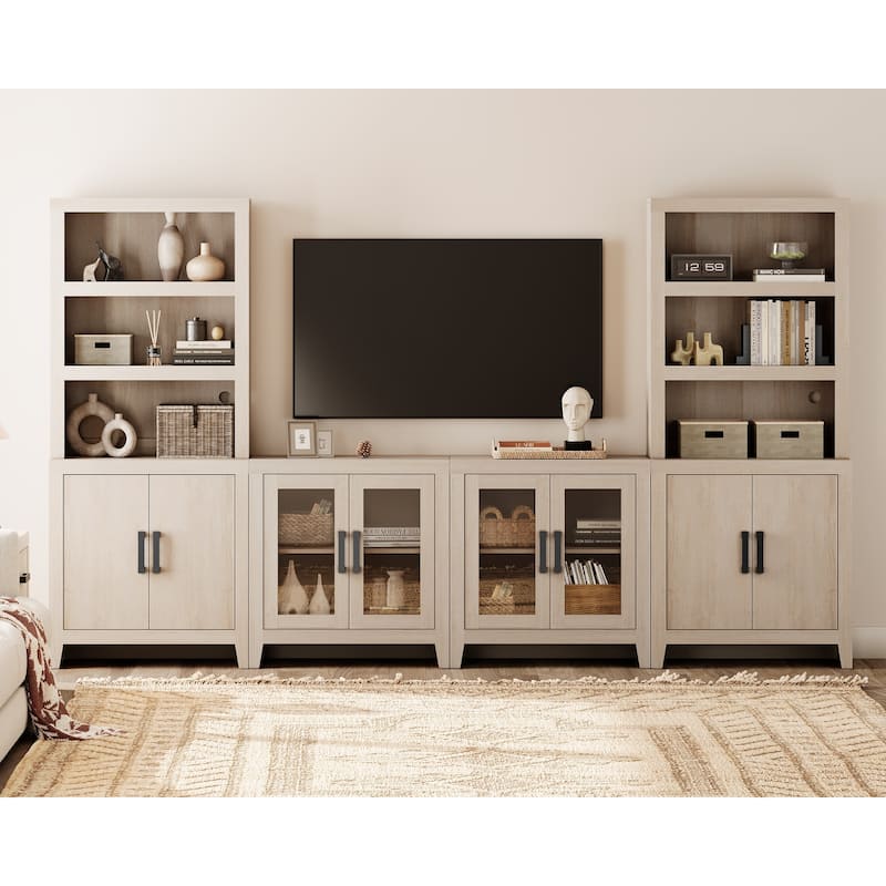 WAMPAT Large Entertainment Center with Bookshelves, Farmhouse TV Stand with Storage Cabinets & Glass Doors - Beige