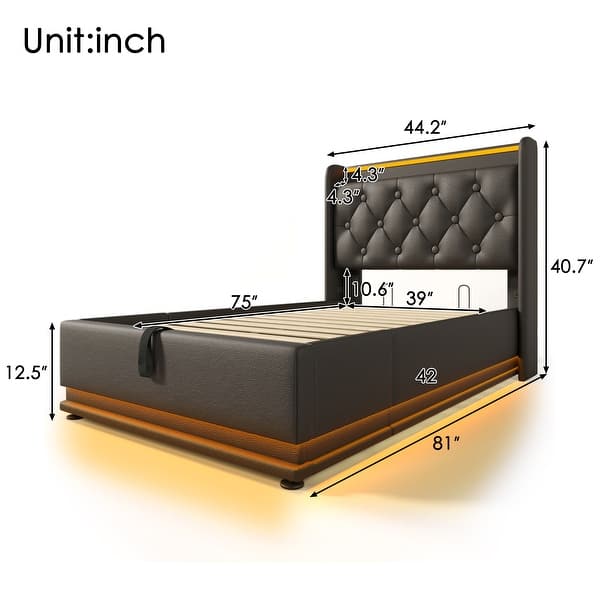 dimension image slide 4 of 8, Lift Up Storage Platform Bed with USB Ports on Linen/PU Upholstered Headboard, 360° LED Low Profile Bed Frame, Remote Control