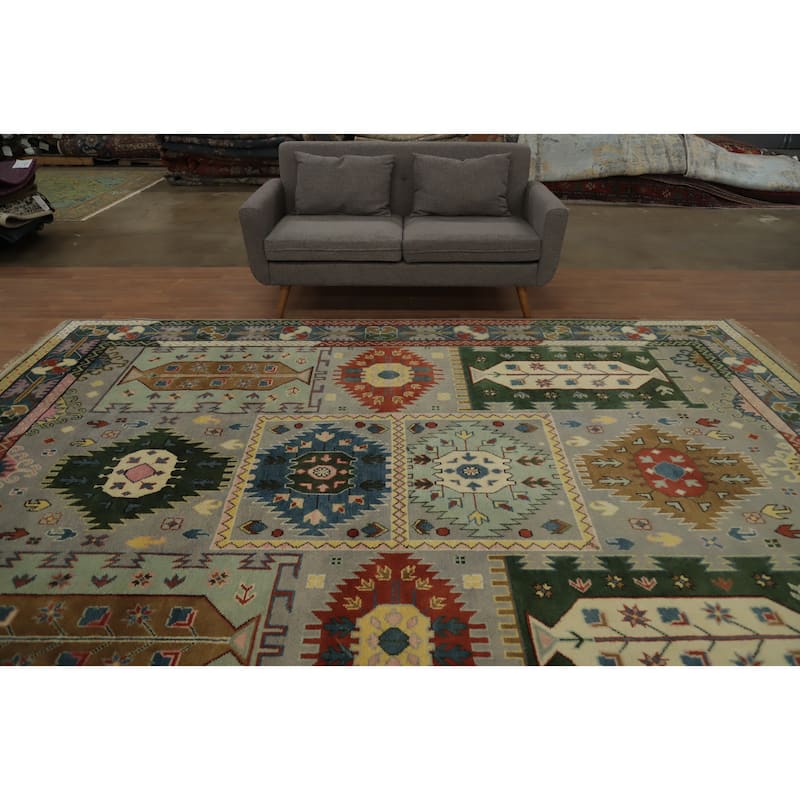 Hand Knotted Oriental 100% Wool Carpet Traditional Geometric Greys & Charcoal Kazak Area Rug - 11' 11'' X 9' 2''