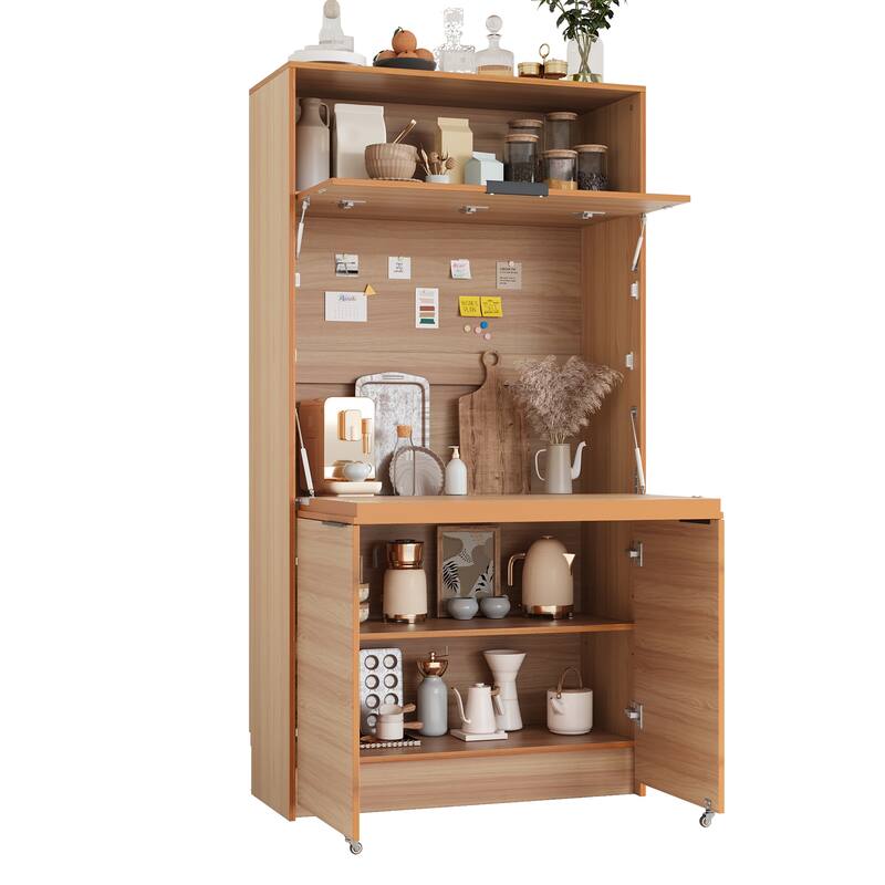 Compact Kitchen Pantry Storage Cabinet, 69" H Buffet Sideboard Server Table with Drop-Down Workstation & Power Outlet
