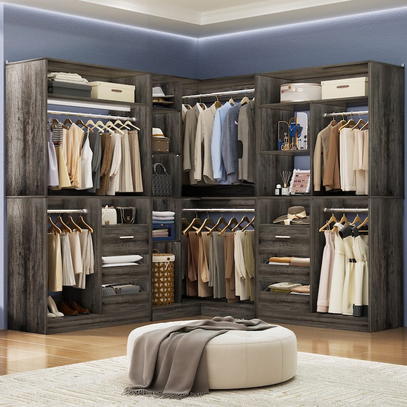 Qvella 72"-108" Closet System with Drawers and Hanging Rods,Freestanding Walk-in Closet Organizer System Wardrobe Closet Tower