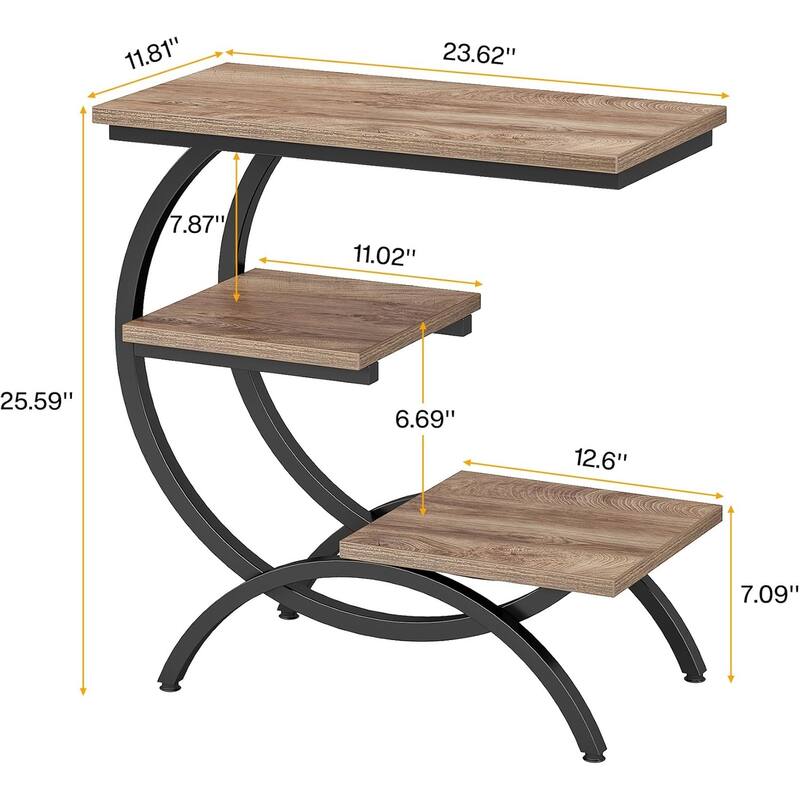 23.62 Inches Brown Wood C-Shaped End Table, 3-Tier Industrial Couch Side Table for Living Room