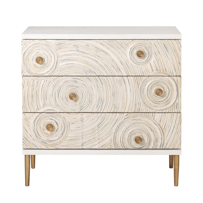 COZAYH Farmhouse Embossed 3 Drawer Dresser with Ring Motif, Distressed Boho Nightstand for Bedroom, Living Room, French Country