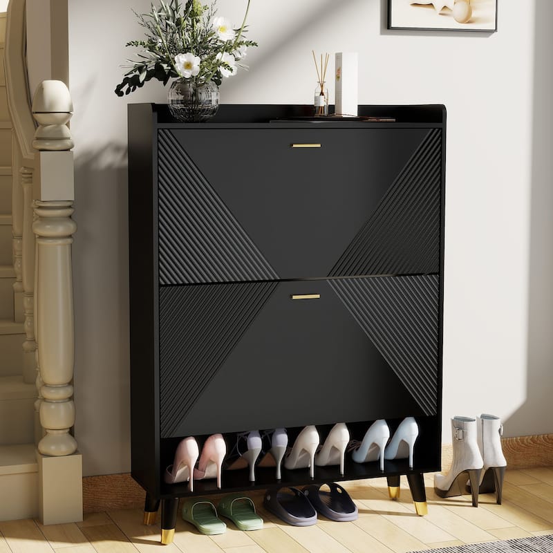 Slim Shoe Cabinet, Fluted Hidden Shoe Storage Cabinet with 2 Flip Drawers