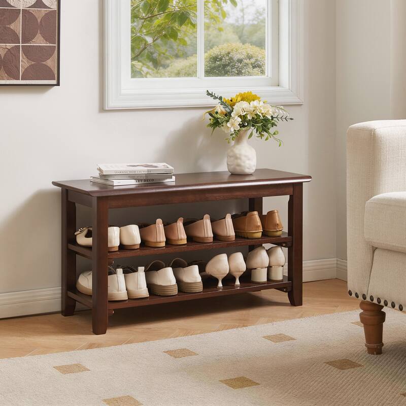 Solid Wood Shoe Bench, 2-Tier Entryway Shoe Rack Bench, Wooden Shoe Organizer with Storage Shelves, Seat Shoe Bench for Hallway