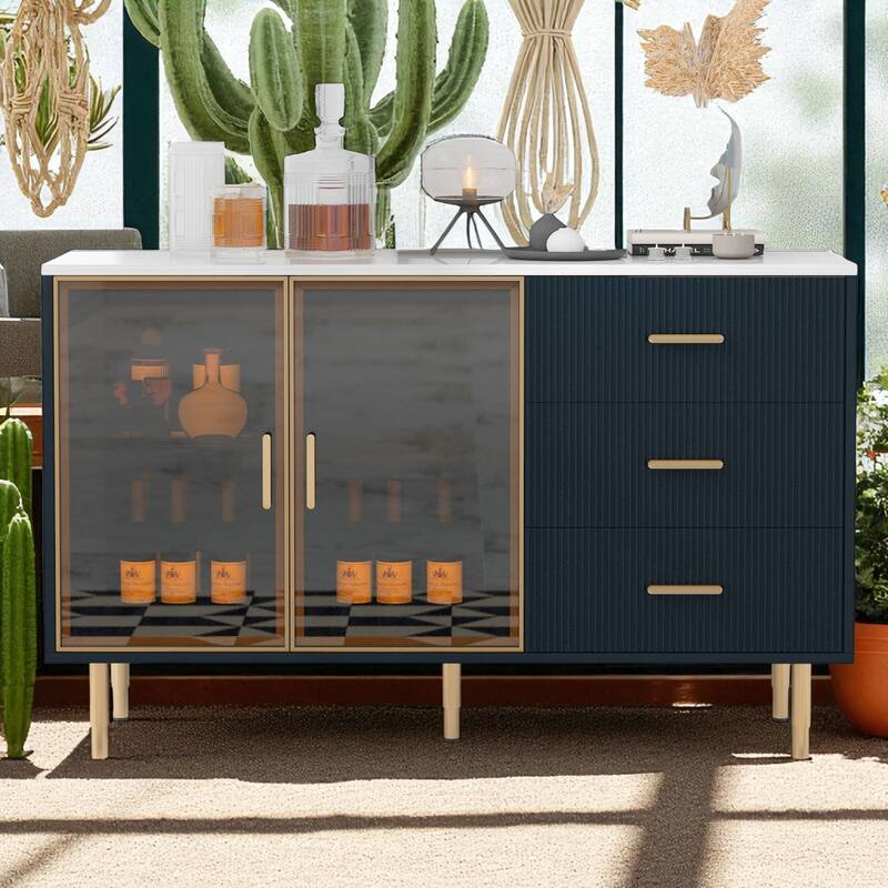Modern 60" Sideboard Buffet Cabinet with Glass Doors, Marble-Top, 3 Drawers & Gold Metal Legs - Navy Blue