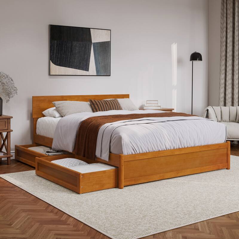 Wesley Platform Bed with Panel Footboard and Storage Drawers - Light Toffee - Queen
