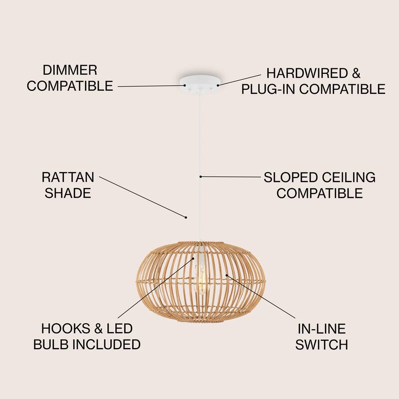 Lucas 1-Light Farmhouse Coastal 180" Cord Plug-In or Hardwired LED Pendant, by JONATHAN Y