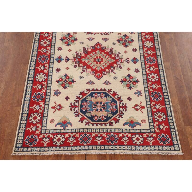 Geometric Ivory Kazak Accent Rug Hand-Knotted Wool Carpet - 3'11" x 5'11"