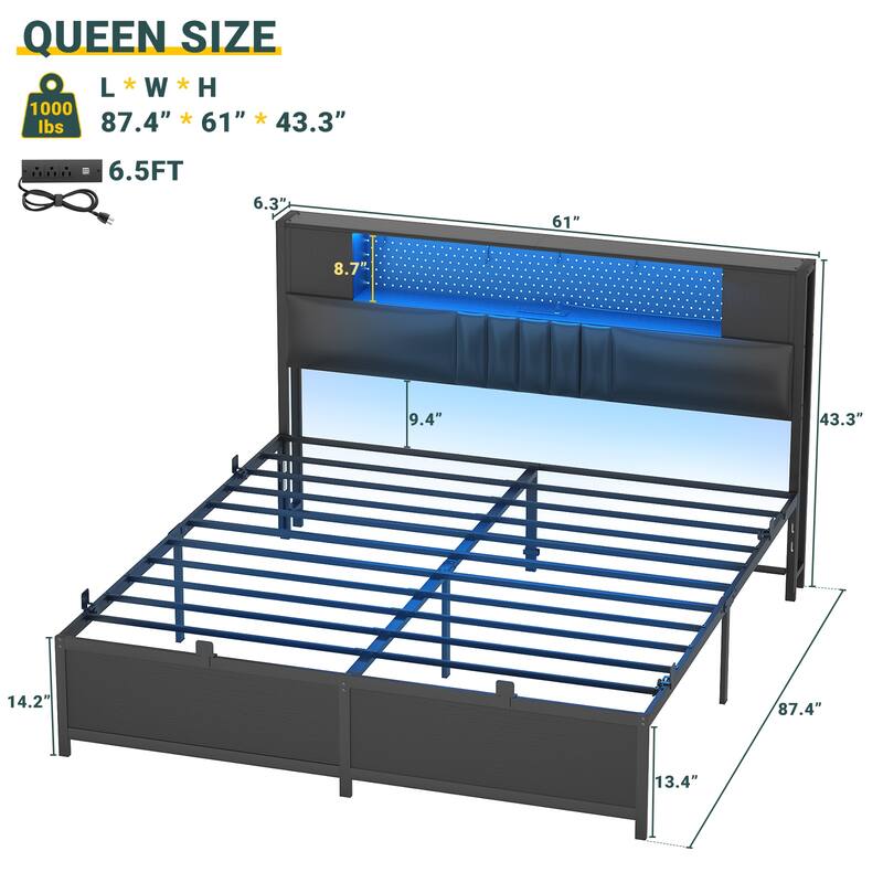 Farmhouse Bed Frame with Holey Board, Upholstered Headboard Platform Bed with Charging Station