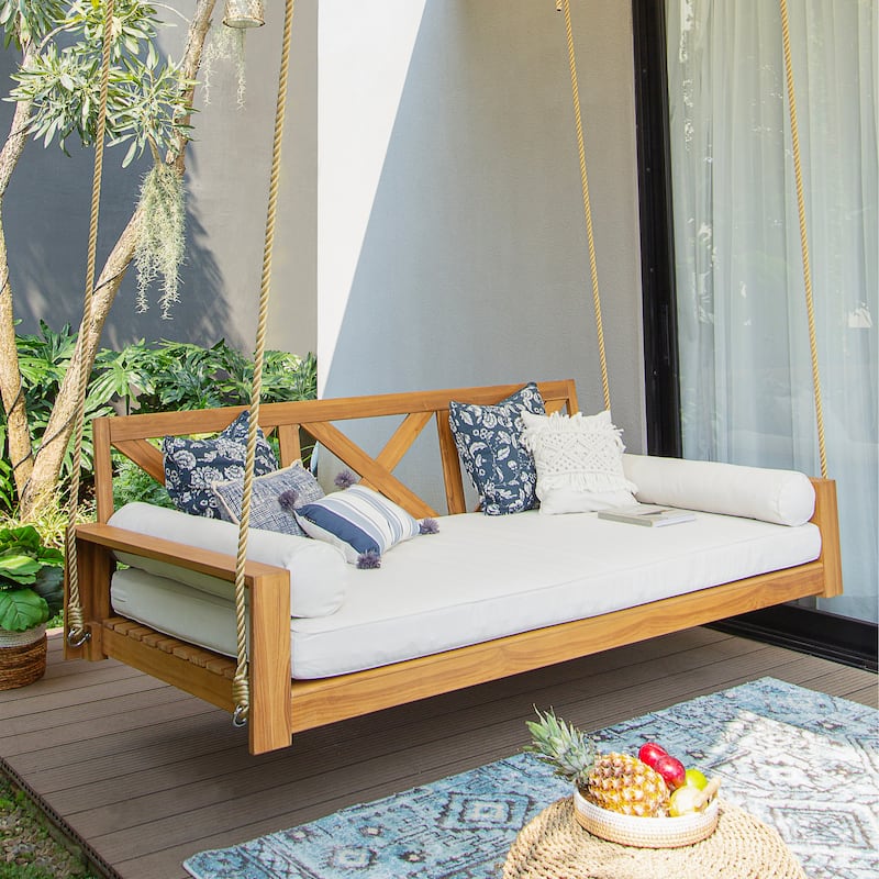 Cambridge Casual Logan Teak Outdoor Porch Swing Daybed with Cushion - Natural Teak
