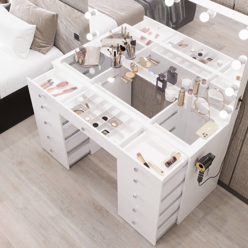 Boahaus Elle Makeup Vanity with Bluetooth Speaker, 12 Lights, and 11 Drawers