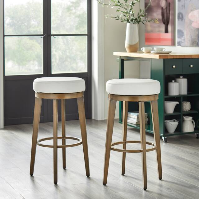 angelo:HOME Linden Faux Leather/ Brushed Metal Swivel Stool (Set of 2) - White/Brass - Bar height