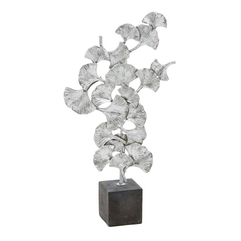 Silver Polystone Floral Decorative Sculpture with Black Block Base - 10 x 3 x 19