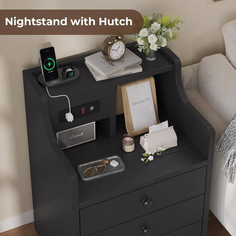 Nightstand with Drawers Charging Station End Side Table with Hutch