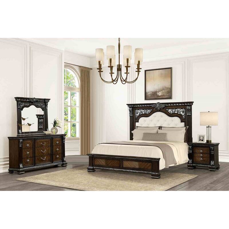 Traditional Espresso Finish 4PC Bedroom Set with Tufted Headboard USB Nightstand