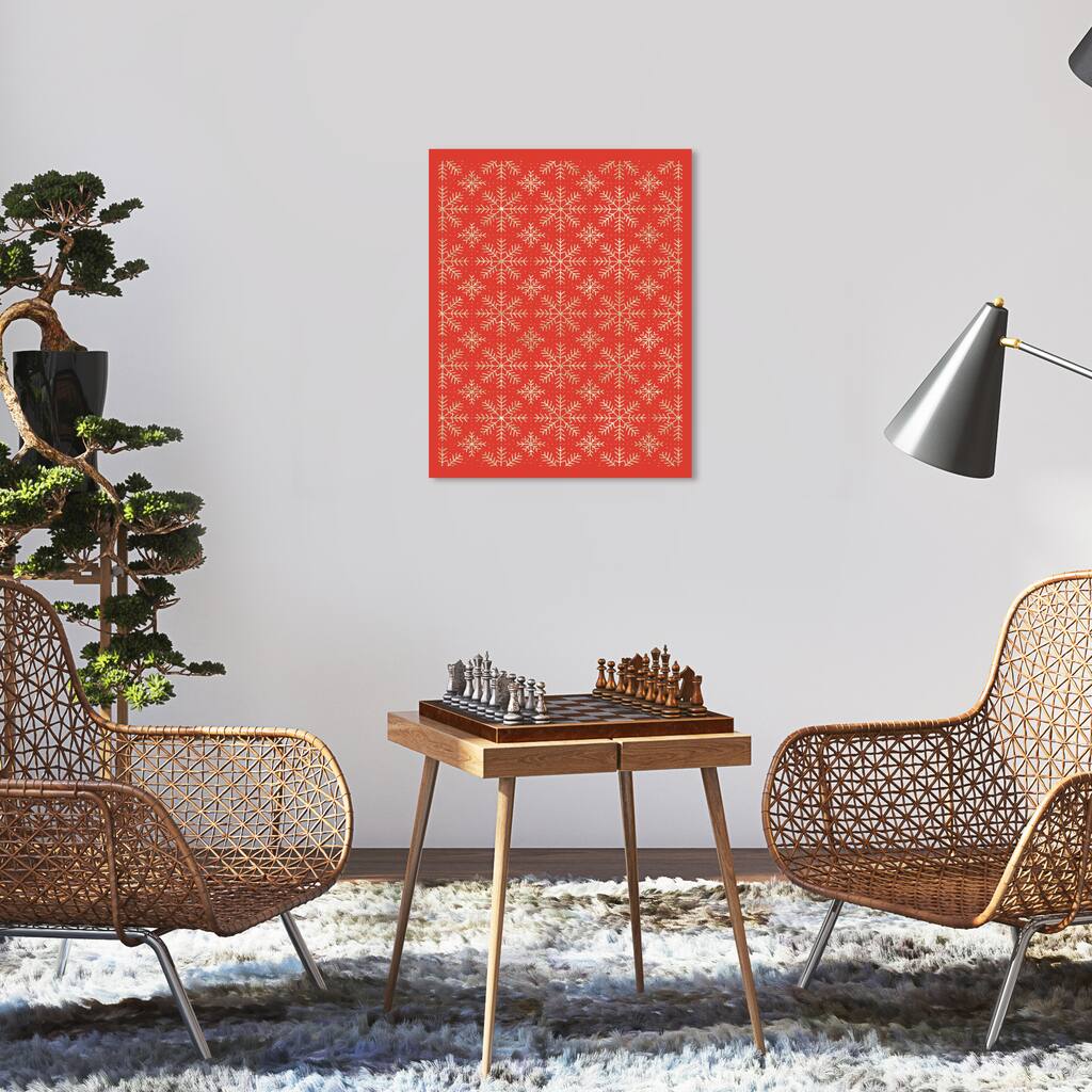 Wynwood Studio Canvas Holiday and Seasonal Snowflakes Pattern Red Glam Wall Art Canvas Print