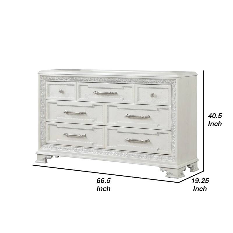 Miamy Wide Dresser, 7 Drawers w Jewelry Tray, Creamy White Pine Wood