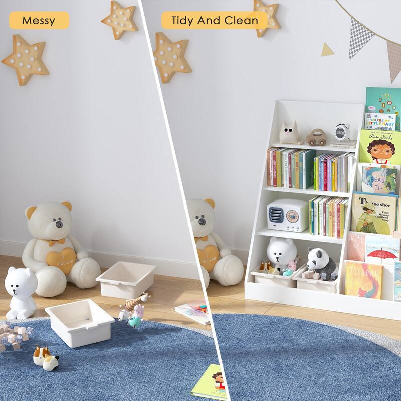 Multifunctional 4 Tier Wooden Kids Book Shelf with Bookcase Display