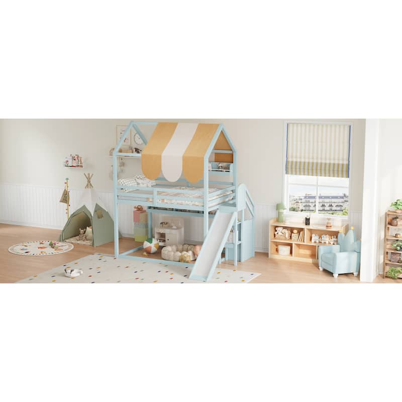 GDFStudio - Wooden Full Size House Bed with Canopy, Slide and Bookshelves