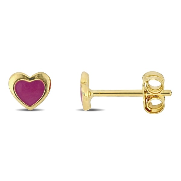 18K Yellow Gold Pink and Blue Enamel Heart Dangle Earrings