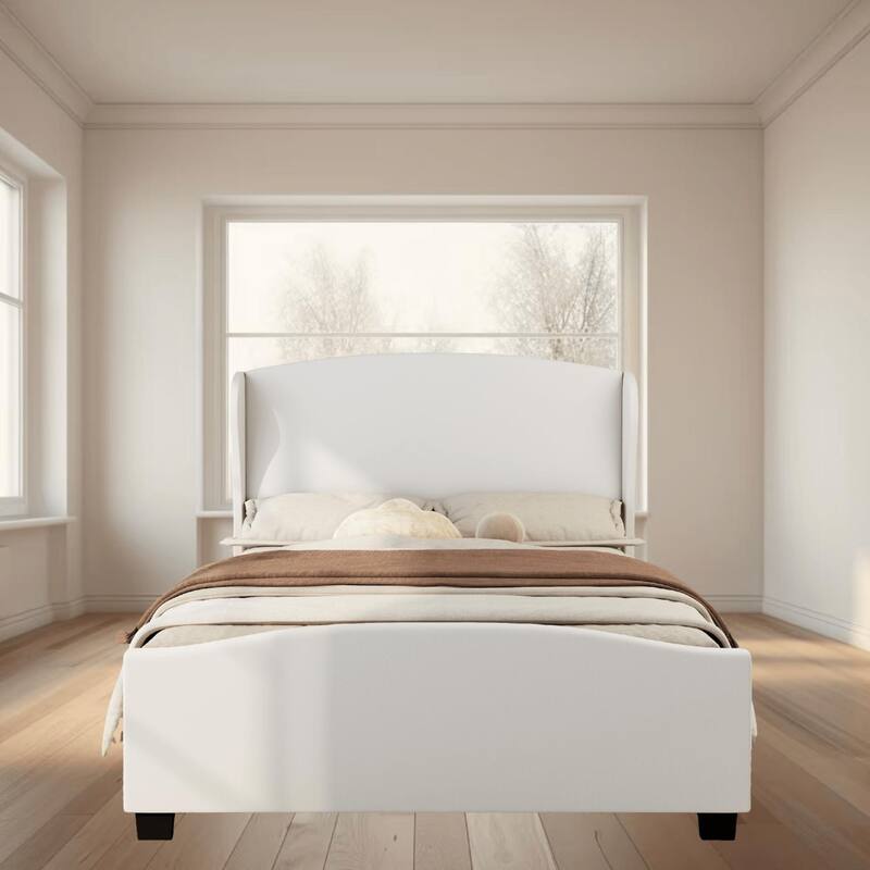 King Size Wingback Linen Upholstered Platform Bed Frame with Headboard, No Box Spring Needed, Bedroom Furniture - Beige - King