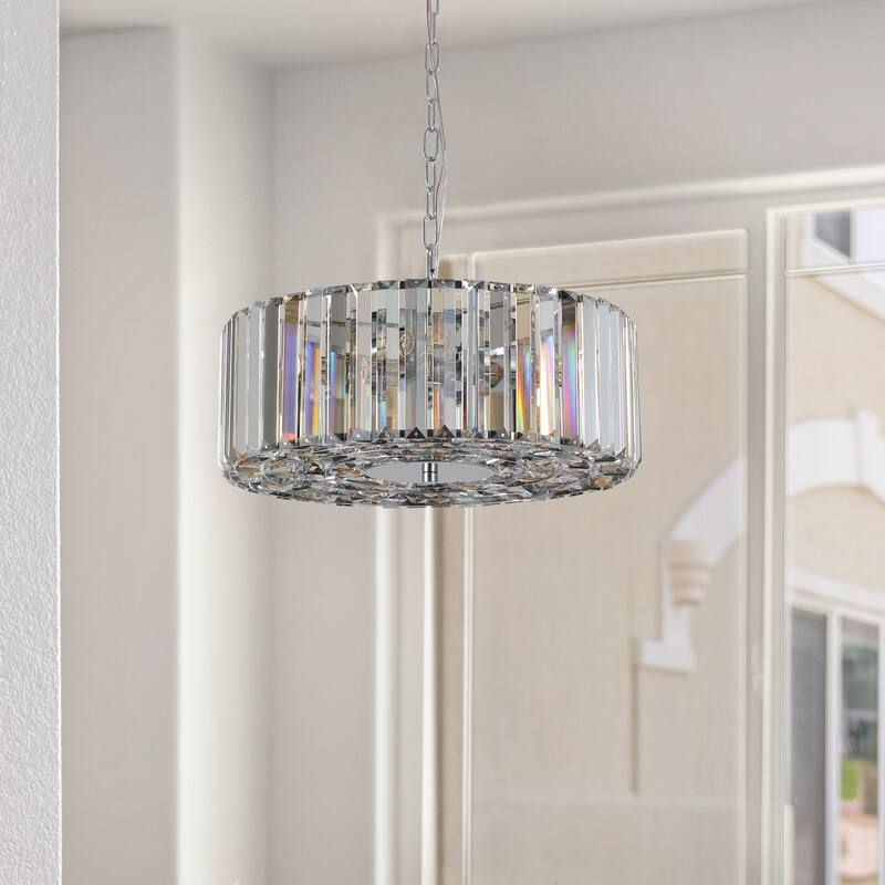 17" Chrome Crystal Pendant Chandelier, Modern Hanging Light Fixture with Adjustable Height, 4-Light E26 Base