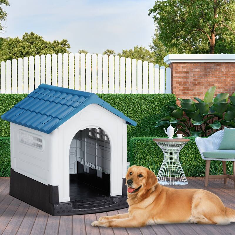 Plastic Dog House with Air Vents, Elevated Floor, Insulated Outdoor Indoor Kennel for Small Dogs