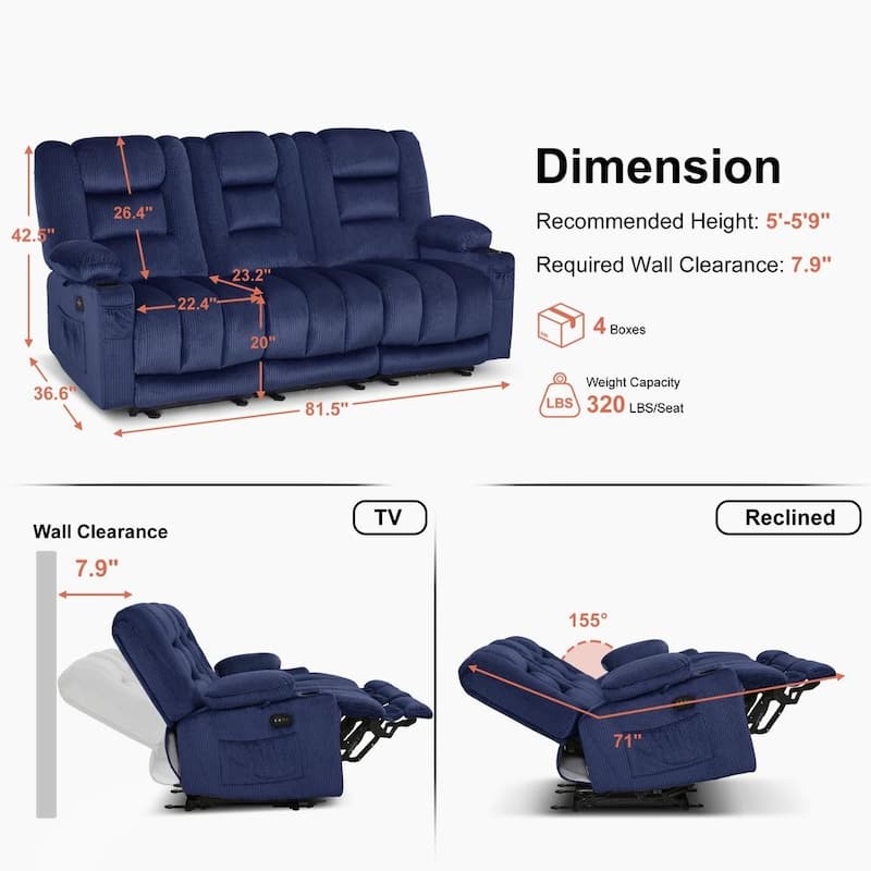 MCombo Power Reclining Loveseat Sofa with Heat and Massage, Fabric PR648