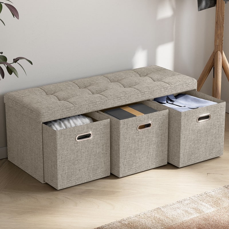 Foldable Linen Large Bench Storage Ottoman with 3 Drawer Cubes - 40"L - Beige