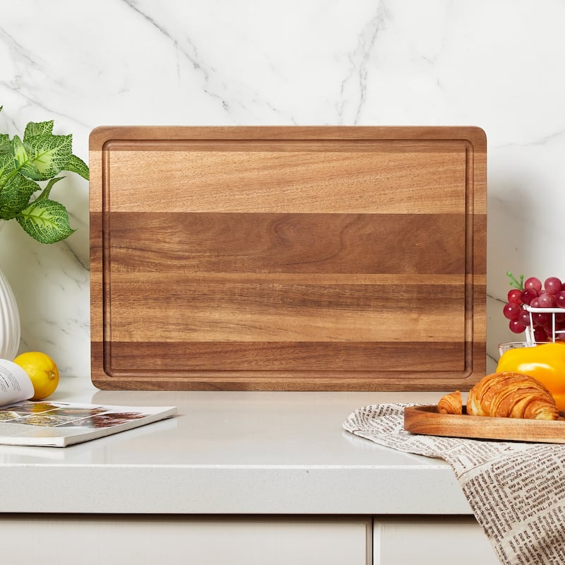 Acacia Wood Chopping Board with Deep Juice Grooves & Side Handles