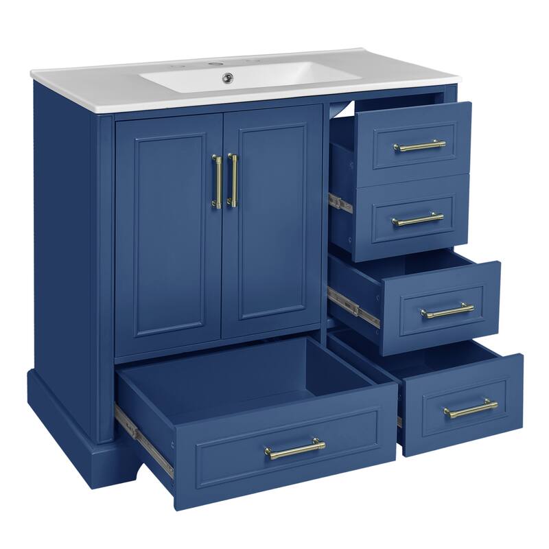Traditional Bathroom Vanity with Ceramics Sink, Freestanding Cabinet with 3 Side Drawers, Bottom Drawer and 2 Soft Close Doors