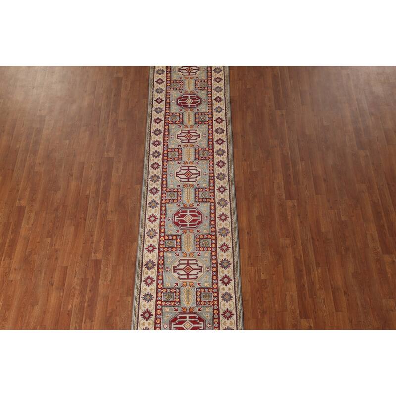 Traditional Blue Kazak Runner Rug Hand-Knotted Oriental Wool Carpet - 2'6" x 13'5"