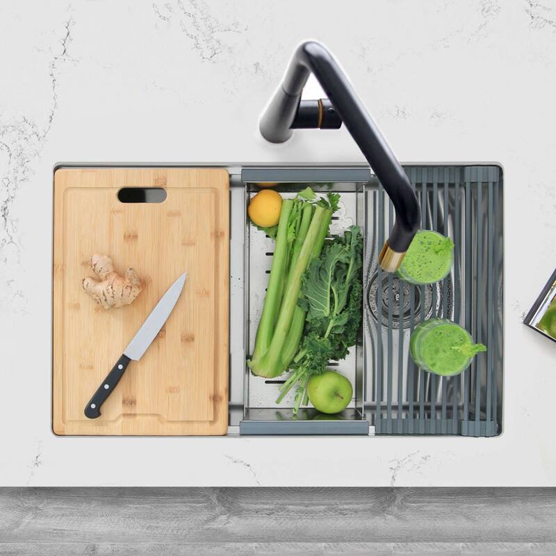 STYLISH 30 inches Workstation Single Bowl Undermount 16 Gauge Stainless Steel Kitchen Sink with Built in Accessories - Brushed Stainless Steel