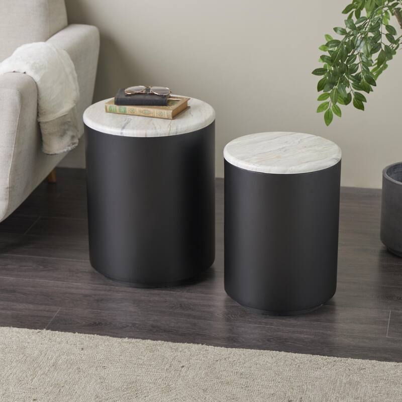 Metal Pedestal Accent Table with Faux White Marble Top - Black - Roche River Decor