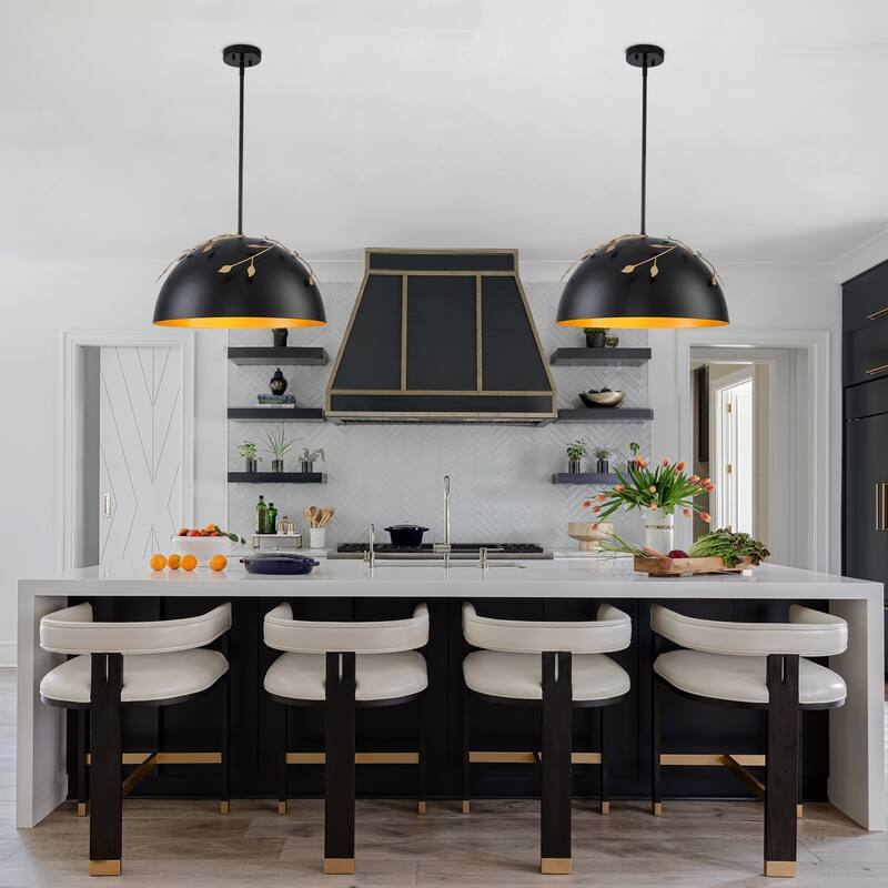 8-Light Matte Black Dome Pendant Light with Gold Interior for Kitchen - Dia.19.69-in