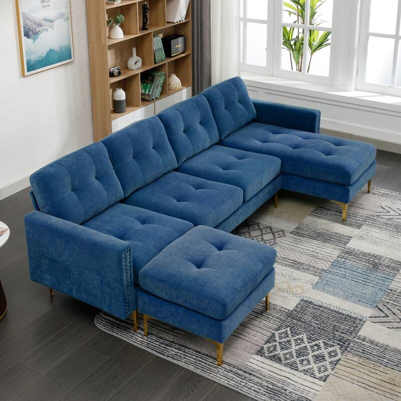 L Shaped Convertible Sectional Sofa with Ottoman, Velvet Fabric 5 Seater Sofa, Upholstered Sofa with Chaise & Storage Pockets