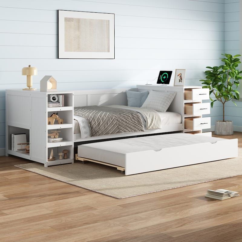 White Wooden Twin Size Daybed with Drawer and USB - White-Daybed and Bed