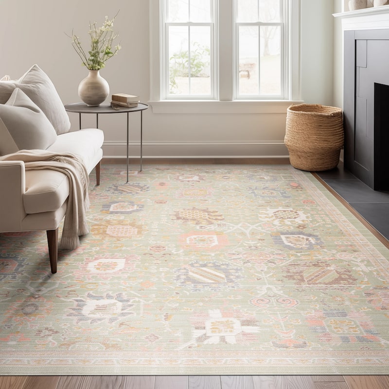 Crosswood Alyssa Traditional Floral Indoor Polyester Area Rug - 5'3'' x 7' - Sage/Brown
