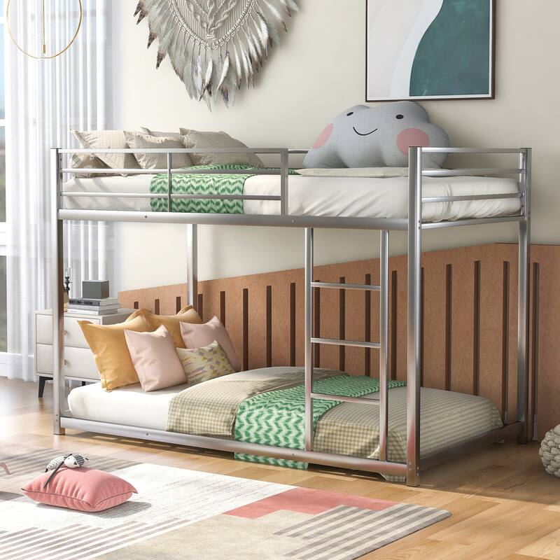 Metal Bunk Bed, Low Bunk Bed with Ladder - Twin over twin - Silver