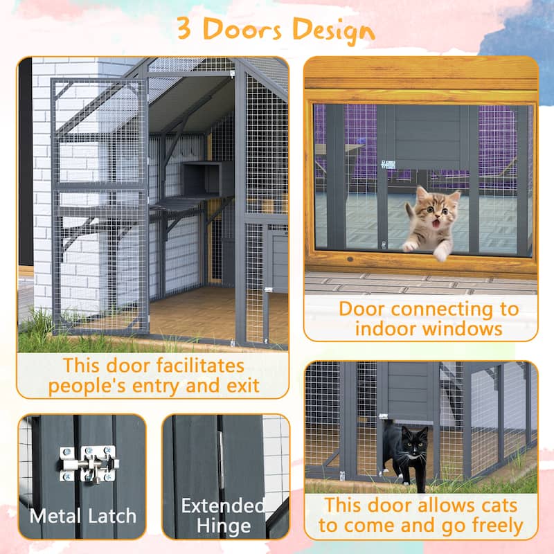 Premium Outdoor Cat Run - 82" Wooden Catio Mansion with Bridges, Paths, Cabins & Roof Cover