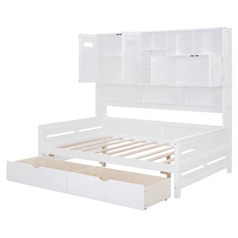 Contemporary Twin/Full Size Wooden Daybed with 2 Storage Drawers, Cabinet, and Shelf - Solid Wood Slats
