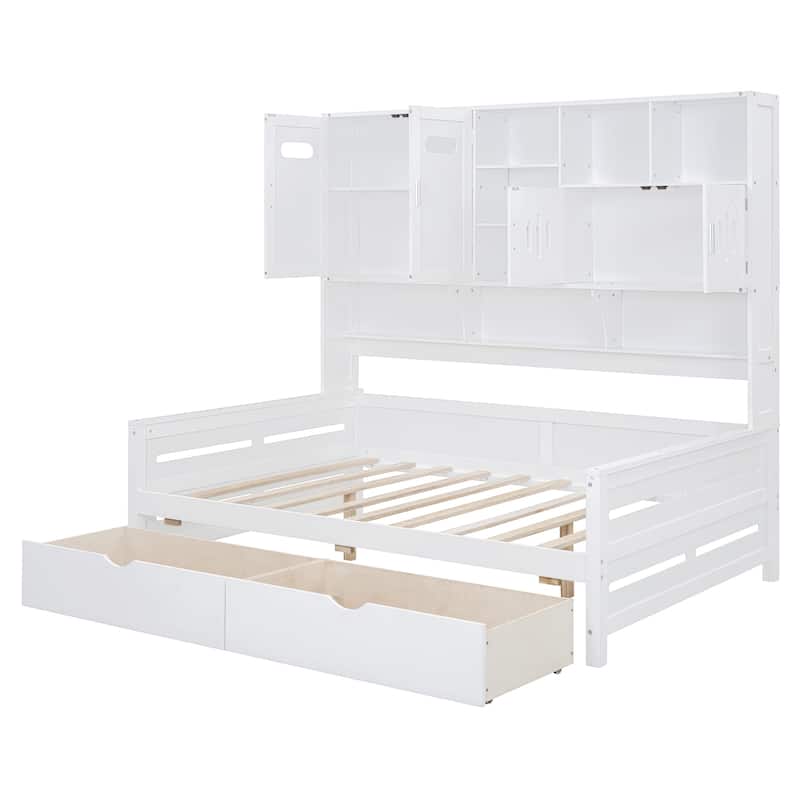 White Full Size Wooden Daybed with Drawers and Cabinet