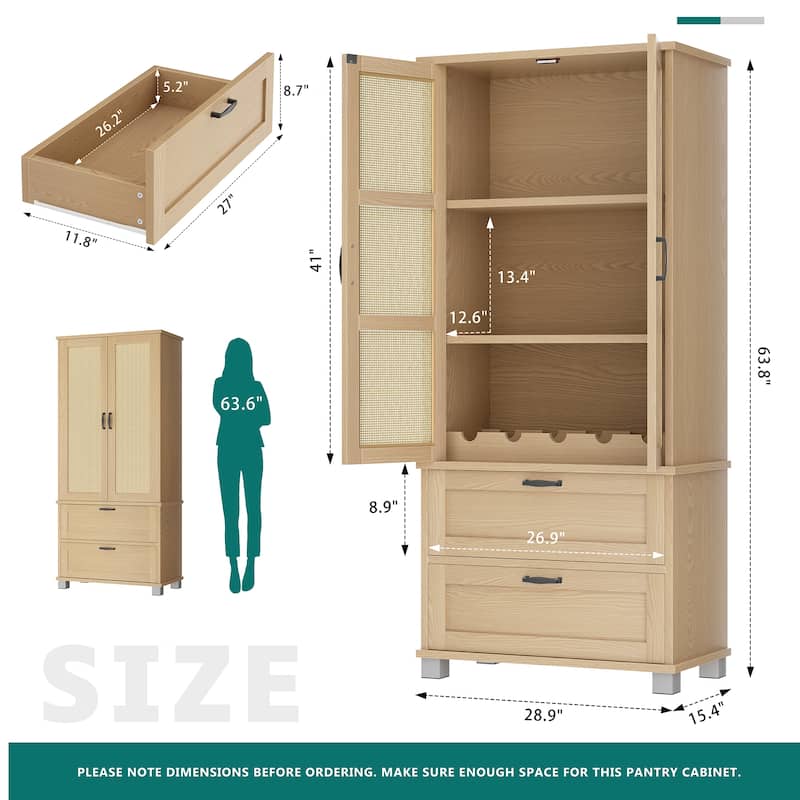 Rattan Door Pantry Storage Cabinet with Wine Rack - Freestanding Storage Organizer with Anti-Tip